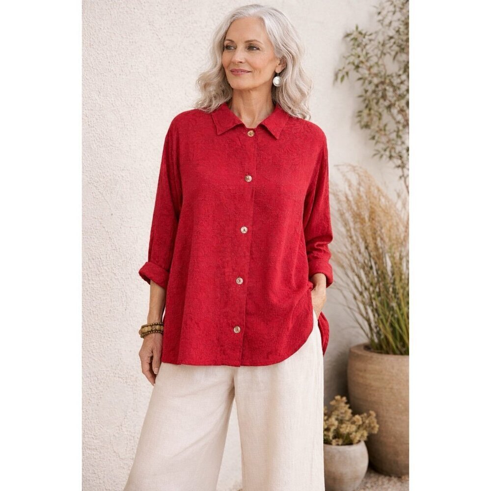 Bryn Walker Womens Top Sz Small Red Jacquard Lagenlook Blouse Boxy Minimalist